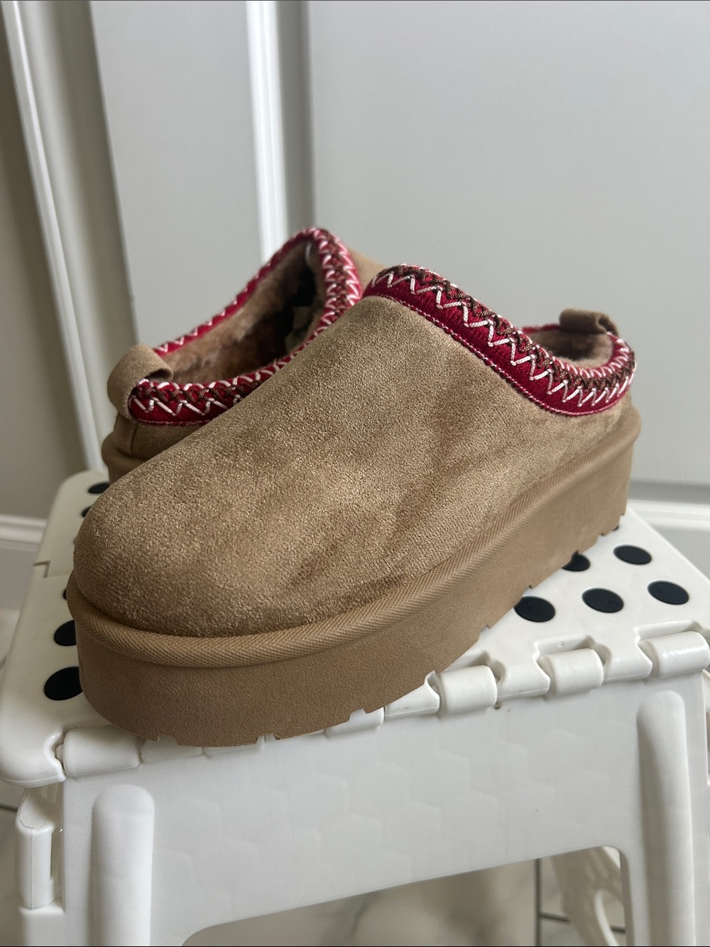 BAMBOO Tan Suede Slip-On Slippers with Red Trim